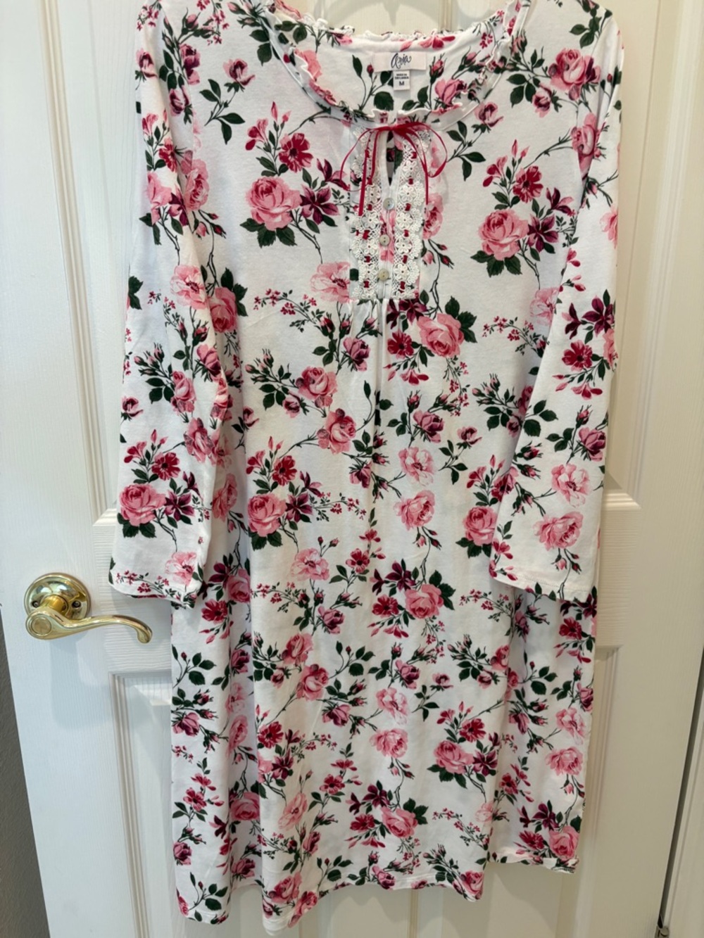 Aria White Nightgown with Pink Rose Print and Red Ribbon
